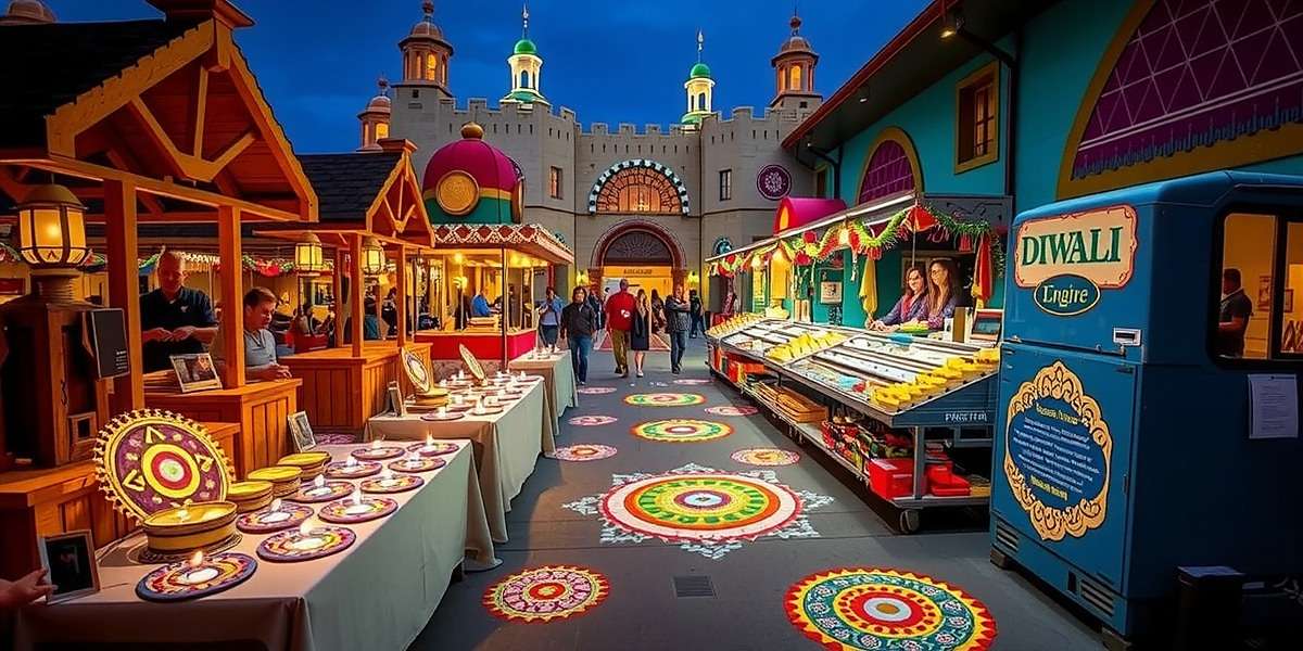 Cumin Adventure Spice Realm Diwali event showing a marketplace decorated with lamps and rangoli patterns