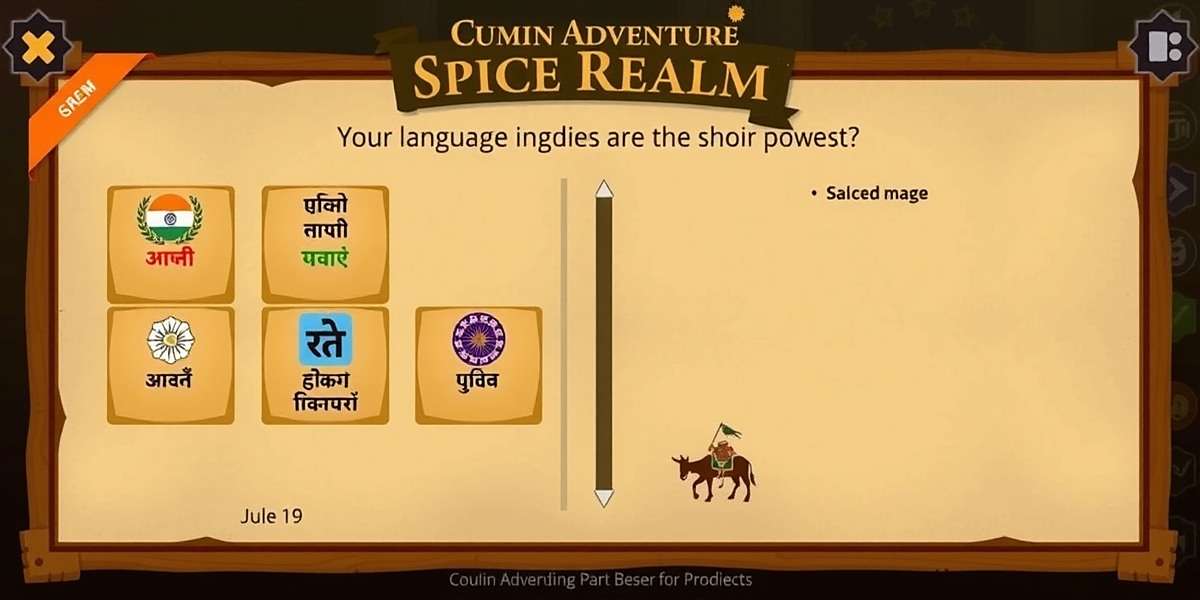 Cumin Adventure Spice Realm language selection screen showing various Indian language options with regional cultural symbols