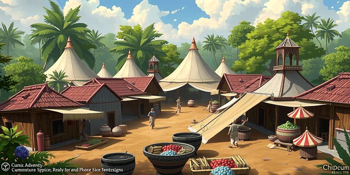 Concept art for Cumin Adventure Spice Realm Northeast India expansion showing traditional tribal markets